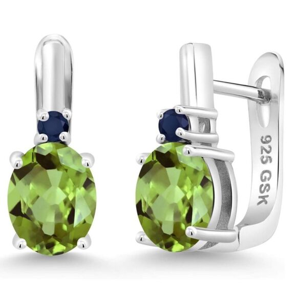925 Sterling Silver with 2.86 Cttw Peridot and Navy Blue Sapphire Oval Earrings
